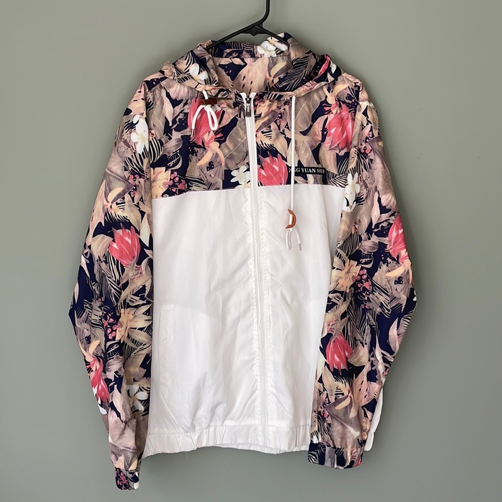 Men’s white and floral windbreaker jacket with hood